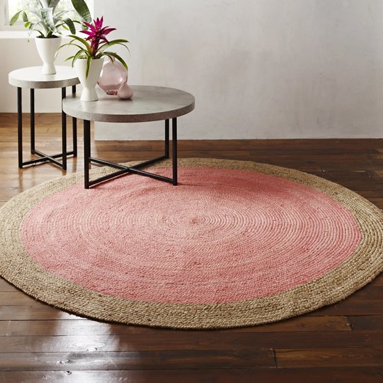 Melina Small Round Soft Jute Rug With Pale Pink Centre - Rug-World.co.uk